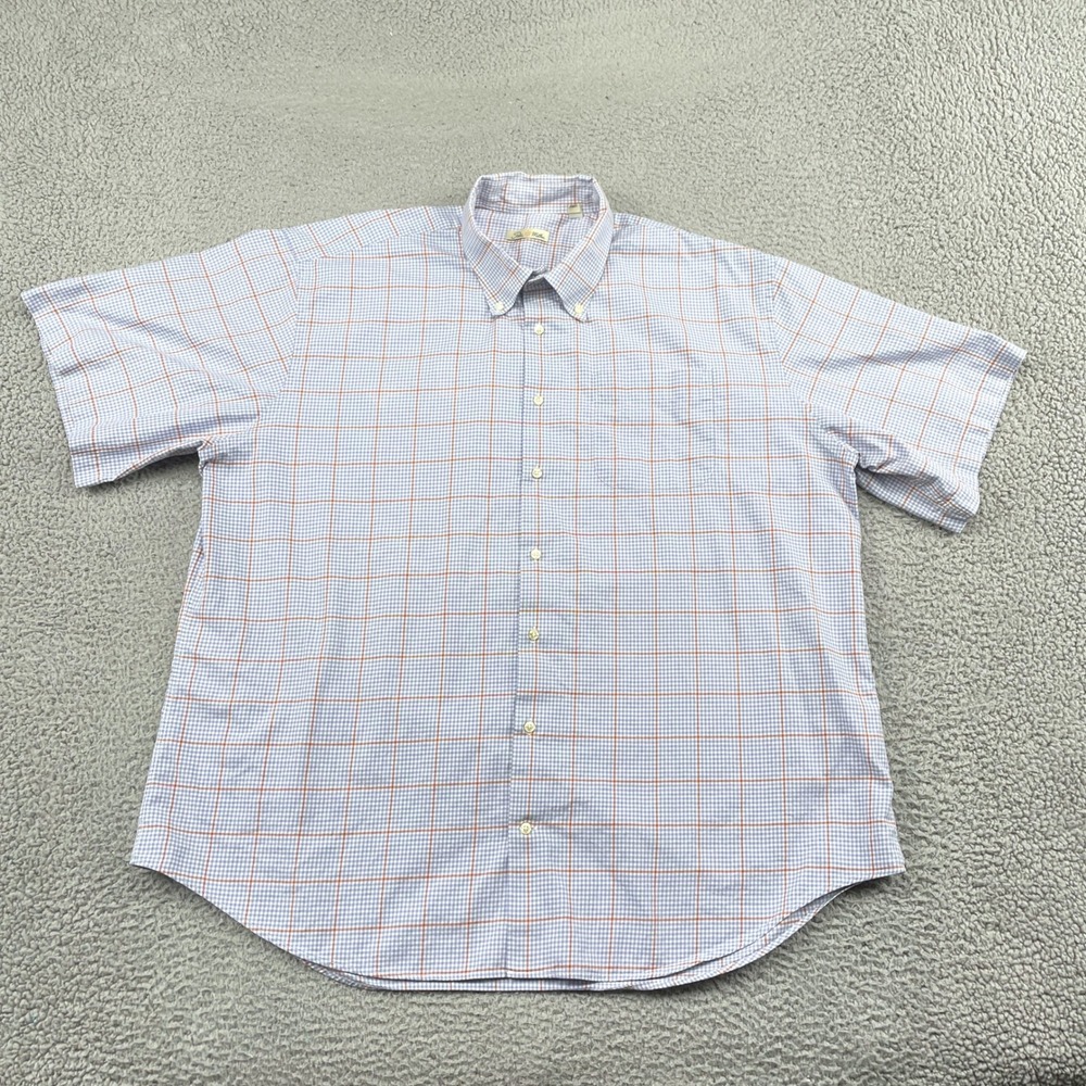 Peter Millar Button Down Shirt Mens XXL Blue Orange Gingham Plaid Short Sleeve